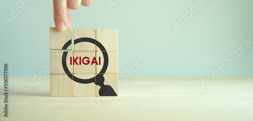 IKIGAI Japanese Concept. Reason for being and a sense of your own purpose in life. The japanese secret of happiness  finding through intersection between passion, mission, vocation and profession. photo