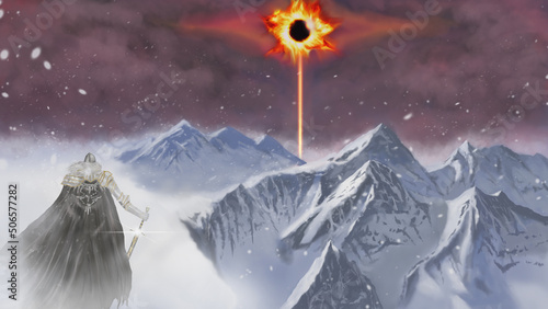 Winter fantasy landscape with knight stands look at eclipse with his magic sword on his hand, against the background of snow mountain and blizzard, digital art style, fine art illustration painting. photo