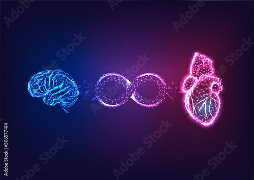 Futuristic heart and brain balance, emotional intelligence concept with glowing organs and infinity