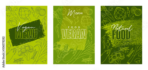 3 couvertures de menu ou de brochure pour un restaurant, un commerce ou un producteur d’aliments biologiques, composées de pictogrammes de divers légumes sur 3 différents fonds verts.