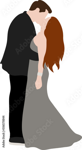 A guy in a black suit hugs and kisses a girl in a gray long dress