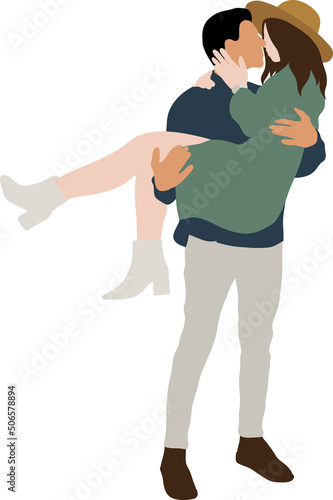 A man holds his beloved girl in a dress and hat in his arms