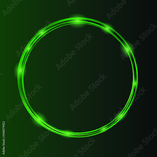 Neon green frame. Shining circle banner. Energy frame
