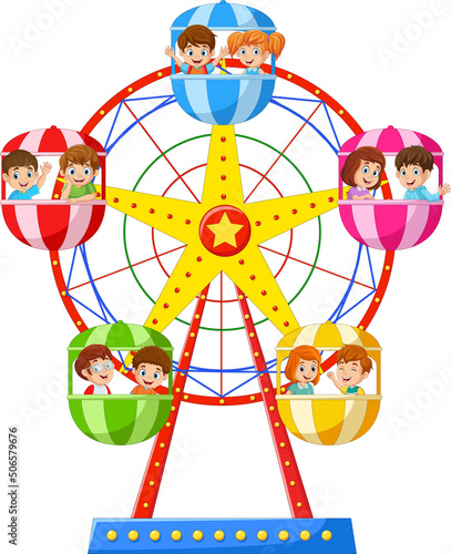 Cartoon little children in the ferris wheel