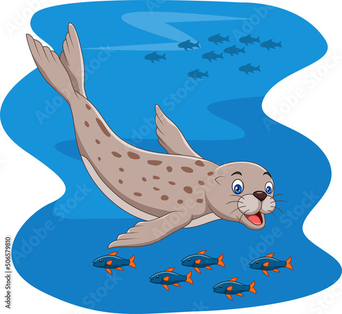 Cartoon seal swimming with fish