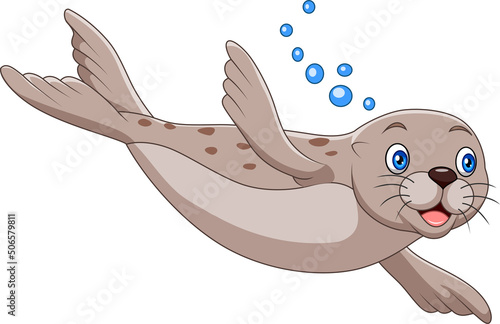 Cartoon seal swimming on white background