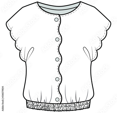 women cap sleeve button front blouse top fashion flat sketch vector illustration apparel template. CAD mockup.