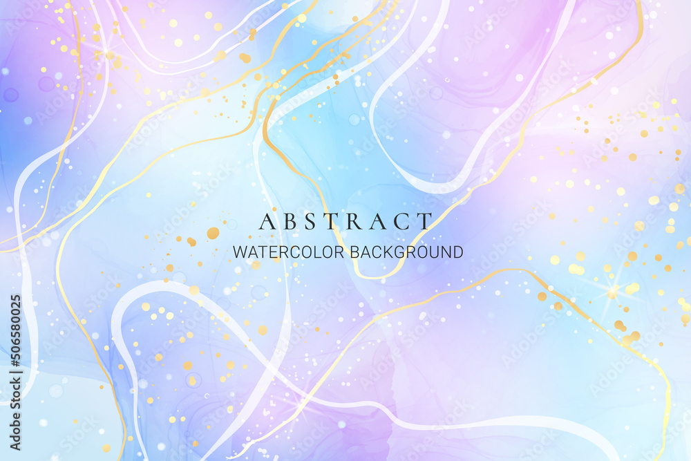 Purple rose and lavender liquid marble background with gold stripes and glitter dust. Pastel pink violet watercolor drawing effect. Vector illustration backdrop with gold splatter for wedding invite