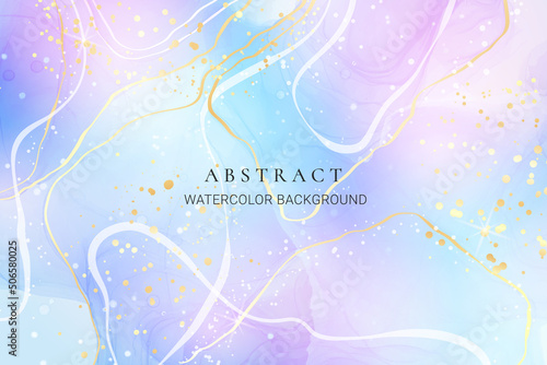 Purple rose and lavender liquid marble background with gold stripes and glitter dust. Pastel pink violet watercolor drawing effect. Vector illustration backdrop with gold splatter for wedding invite