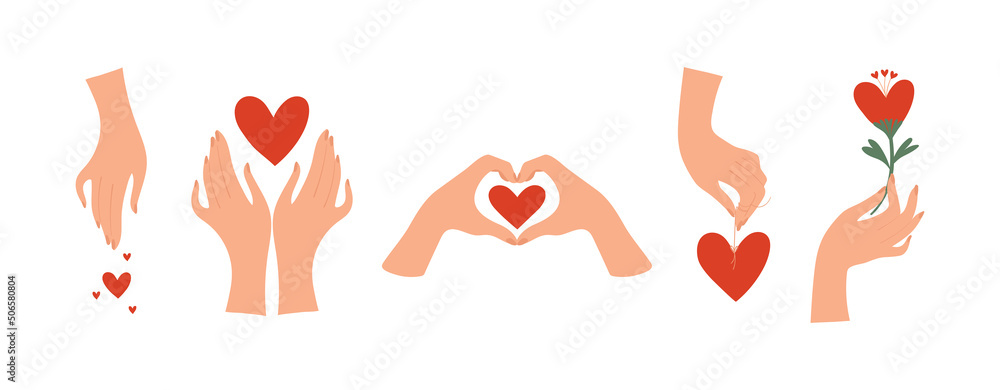 Hand palms and heart symbol, flat icons set. The concept of self-love, caring for loved ones, feedback. Cartoon vector illustration of massage, cosmetics, friendship.
