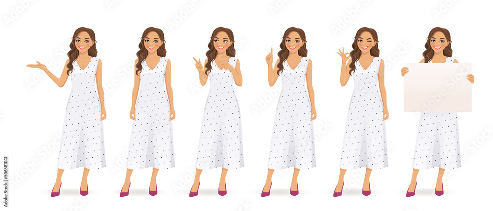 Beautiful young woman with curly hairstyle character in white dress set. Pointing, showing ok sign, standing, holding empty blank board isolated vector illustration - obrazy, fototapety, plakaty 