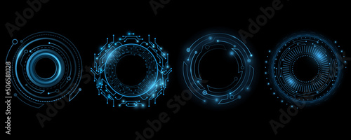 Set of glowing HUD rounds for your design. Futuristic circle. Virtual graphic. Dashboard display. Sci-fi and Hi-tech elements. GUI and UI. Modern technology. Vector illustration