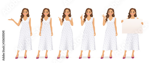 Beautiful young woman with curly hairstyle character in white dress set. Pointing, showing ok sign, standing, holding empty blank board isolated vector illustration