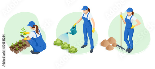 Isometric gardeners, farmers and workers caring for the garden, growing agricultural products.
