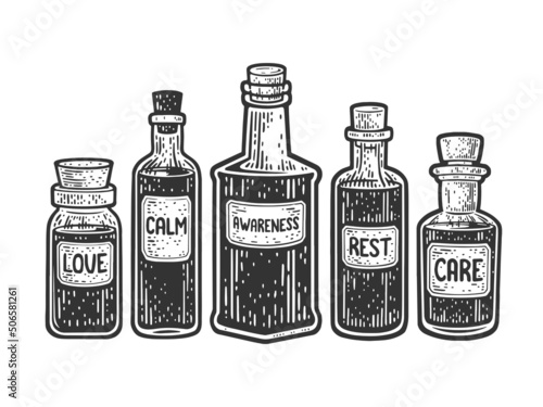 Medicine bottles with love calm rest care and awareness sketch engraving vector illustration. Psychological drugs metaphor. Print design. Scratch board imitation. Black and white hand drawn image.