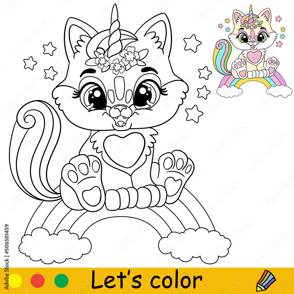 Cartoon cat unicorn sitting on a rainbow coloring book page vector ...