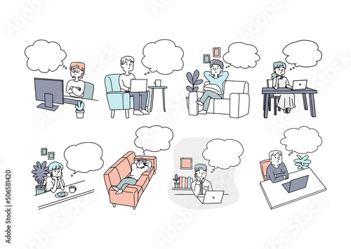 家やオフィスで考え事をしている人々のセット　思考の吹き出しと人物