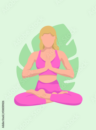 Woman sitting in yoga lotus pose. Concept of meditation and the health benefits for the body. Vector illustration in faceless flat cartoon style