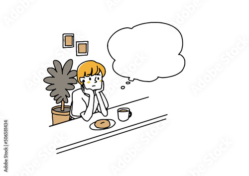 家やオフィスで考え事をしている女性　思考の吹き出しと人物　　