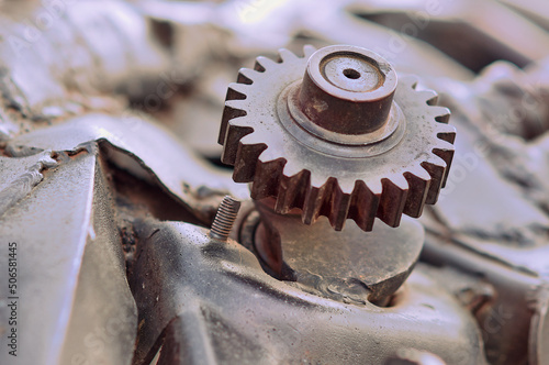 Fragments of a metal mechanism. Close view of details. Selective focus.