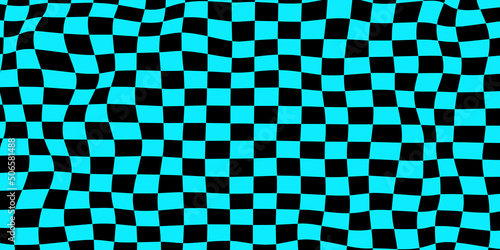 Wavy chessboard on a blue background. Chessboard concept. Wave distortion effect. Vector illustration.