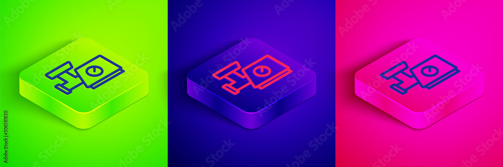 Isometric line Kitchen meat grinder icon isolated on green, blue and pink background. Square button. Vector