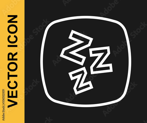 White line Sleepy icon isolated on black background. Sleepy zzz talk bubble. Vector
