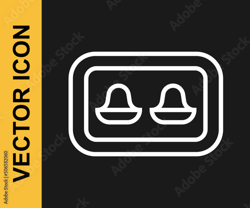White line Earplugs with storage box icon isolated on black background. Ear plug sign. Noise symbol. Sleeping quality concept. Vector