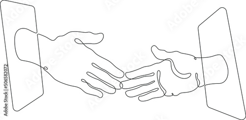 Handshake gesture. Shaking hands.One continuous line.The hand touches the smartphone screen. Using the device manually. Tap the screen with your finger. One continuous line drawn isolated, white backg