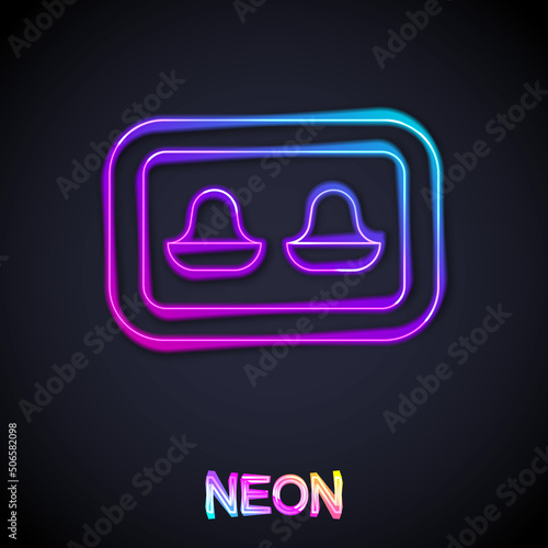 Glowing neon line Earplugs with storage box icon isolated on black background. Ear plug sign. Noise symbol. Sleeping quality concept. Vector