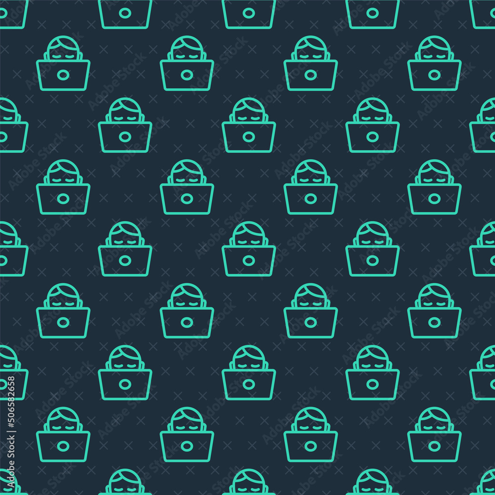 Green line Student working at laptop icon isolated seamless pattern on blue background. Workplace concept. Vector Green line Student working at laptop icon isolated seamless pattern on blue background. Workplace concept. Vector