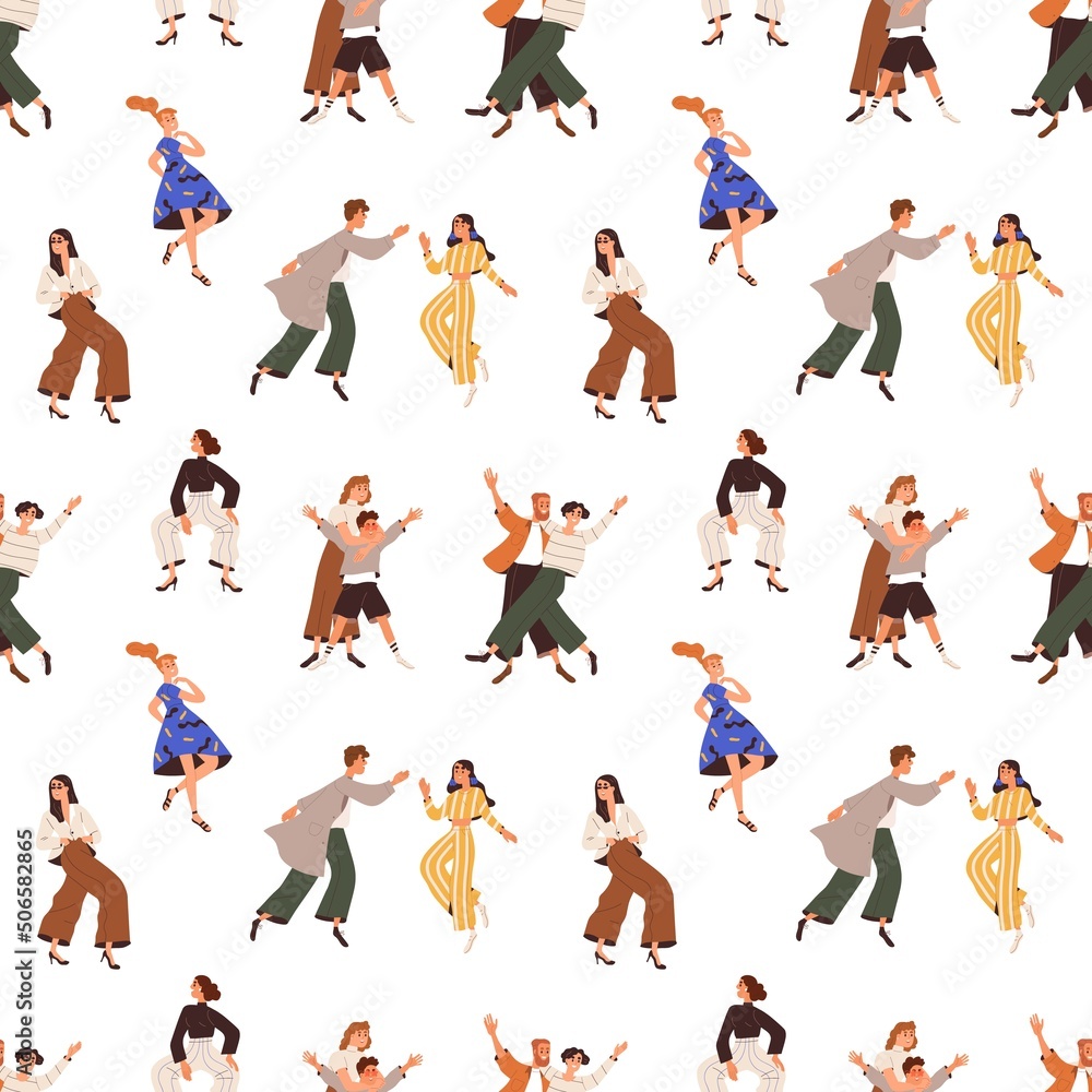 Happy people pattern. Seamless background with active delighted characters dancing with fun, joy at party. Endless repeating print with funny joyful men, women. Colored flat vector illustration
