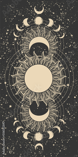 Vintage tarot background for witch, phases of the sun and moon, full moon on black night sky. Mystical story background for astrologer, zodiac, divination. Aesthetic flat vector illustration.