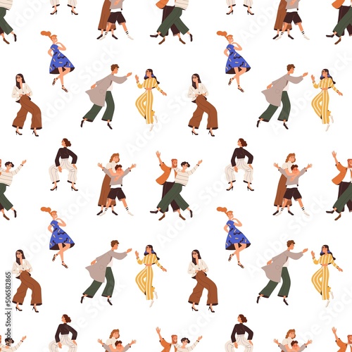 Happy people pattern. Seamless background with active delighted characters dancing with fun, joy at party. Endless repeating print with funny joyful men, women. Colored flat vector illustration