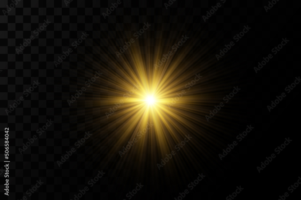 Shining golden stars. Light effects, glare, glitter, explosion, golden light. Vector illustration.