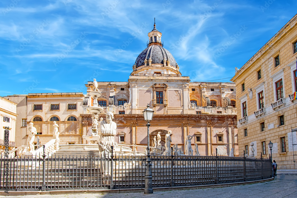Panoramic view of Piazza Pretoria or Piazza della Vergogna, Palermo, Sicily, Italy