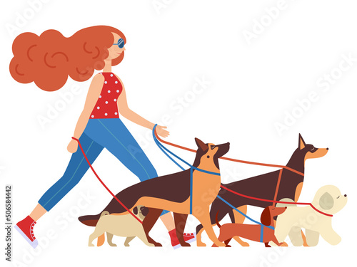 Pet Walker Woman with Group of Dogs