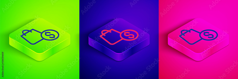 Isometric line Shopping bag and dollar icon isolated on green, blue and pink background. Handbag sign. Woman bag icon. Female handbag sign. Square button. Vector Isometric line Shopping bag and dollar icon isolated on green, blue and pink background. Handbag sign. Woman bag icon. Female handbag sign. Square button. Vector
