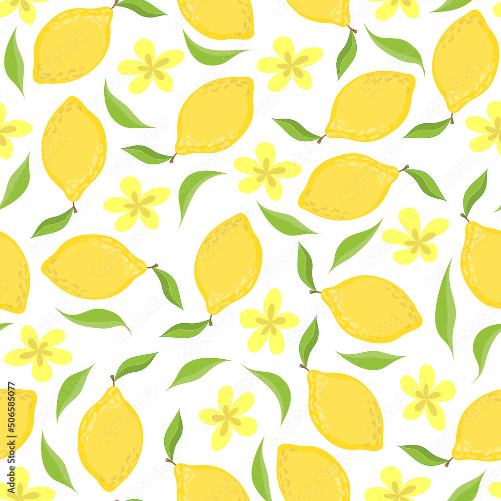 Vector seamless fruit pattern, yellow lemon with flowers on a white background. A luxurious pattern for the design of websites, vegan products, packaging, textiles, etc. Vector seamless fruit pattern, yellow lemon with flowers on a white background. A luxurious pattern for the design of websites, vegan products, packaging, textiles, etc.