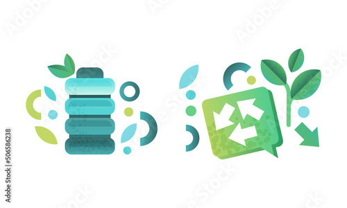 Green Ecology Flat Icon and Eco-friendly Environmental Symbol with Electric Battery Vector Set