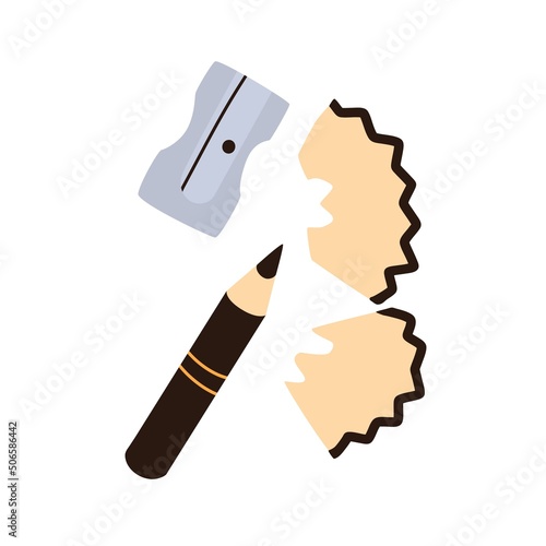 Sharpened small pencil, metal sharpener, pointer and wood remains, shavings. Sharp topper tool. Flat vector illustration isolated on white background