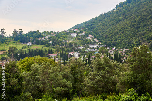 Small town in the mountains with the green grass and trees background