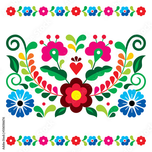 Mexican floral folk art style vector greeting card on invitation pattern, decoration inspired by traditional embroidery from Mexico
 
