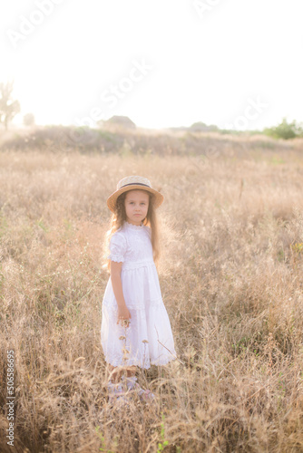 A cute little girl with long blond curly hair in a white summer dress and a straw boater hat in a field in the countryside in summer at sunset. Nature and Ecolife