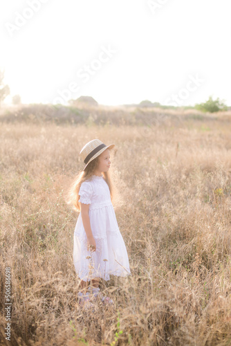 A cute little girl with long blond curly hair in a white summer dress and a straw boater hat in a field in the countryside in summer at sunset. Nature and Ecolife