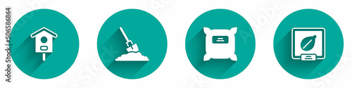 Set Bird house, Shovel in the ground, Pack full of seeds and Seeds specific plant icon with long shadow. Vector