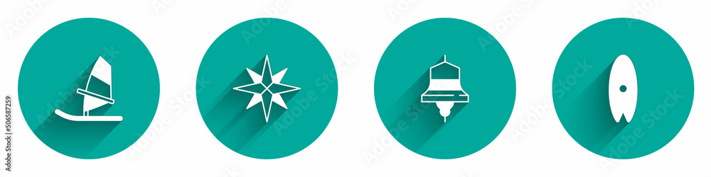 Set Windsurfing, rose, Ship bell and Surfboard icon with long shadow. Vector Set Windsurfing, rose, Ship bell and Surfboard icon with long shadow. Vector