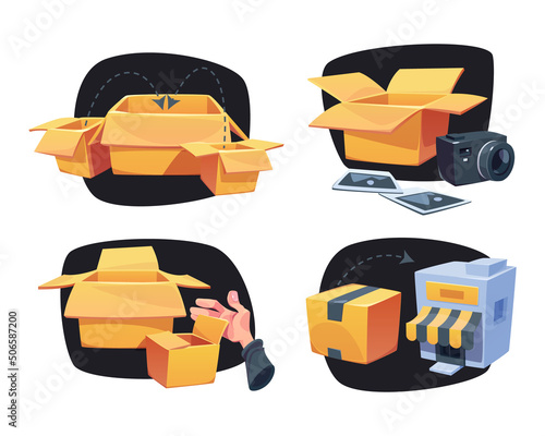 Parcels delivery cartoon icons with carton boxes, photo camera, human hand and retail stall. Isolated labels for shipping and freight shipping and mail services design elements Vector illustration set