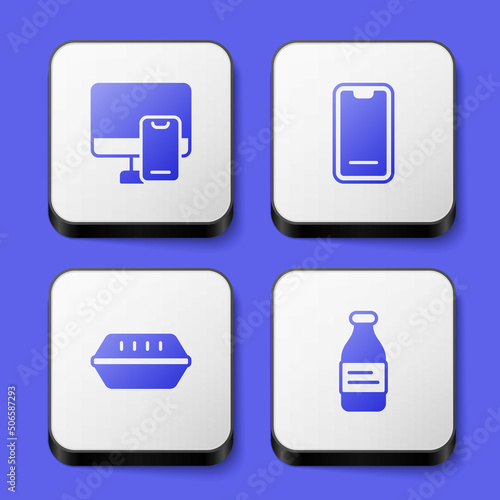 Set Online ordering food, Food on mobile, Lunch box and Bottle of water icon. White square button. Vector