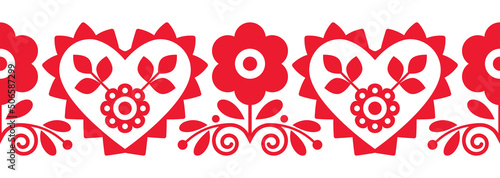 Polish floral folk art vector seamless embroidery band or belt pattern inspired by traditional floral designs Lachy Sadeckie from Poland

